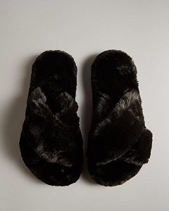 Black Hunter Faux Fur Flatform Crossover Women's Slides | NZ-79816