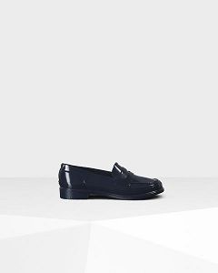 Navy Hunter Gloss Penny Women's Loafers | NZ-80972