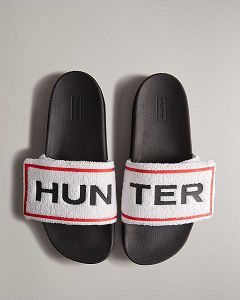 White / Black Hunter Terry Towelling Logo Adjustable Men's Slides | NZ-51843