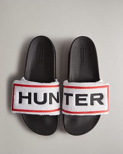 White / Black Hunter Terry Towelling Logo Adjustable Women's Slides | NZ-53841