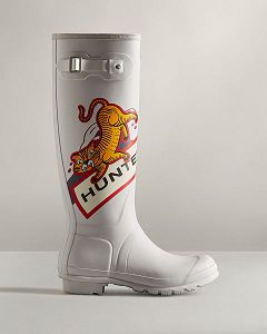 White / Brown Hunter Lunar New Year Large Tiger Logo Tall Women's Rain Boots | NZ-45918