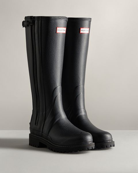 Black Hunter Balmoral Commando Rubber Zip Tall Women's Rain Boots | NZ-13084