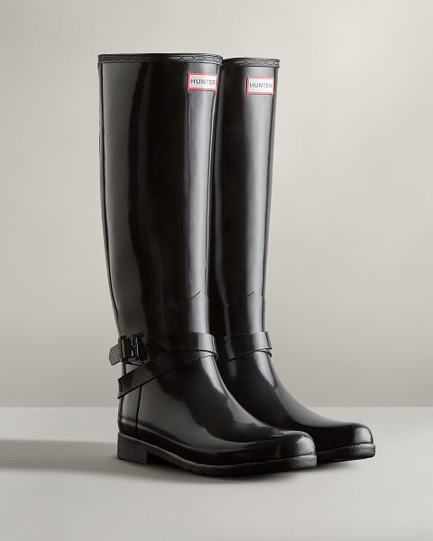 Black Hunter Refined Slim Fit Adjustable Tall Gloss Women's Rain Boots | NZ-63201