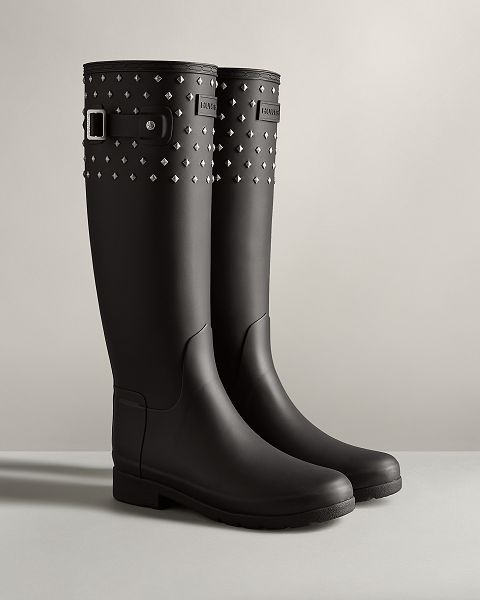 Black Hunter Refined Slim Fit Tall Stud Cuff Women's Rain Boots | NZ-31764