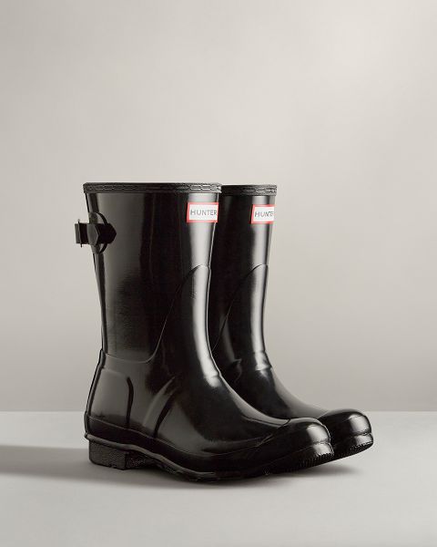 Black Hunter Short Back Adjustable Gloss Women's Rain Boots | NZ-12705