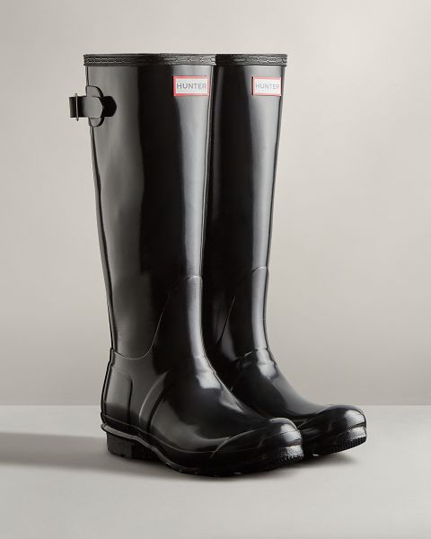 Black Hunter Tall Back Adjustable Gloss Women's Rain Boots | NZ-75402