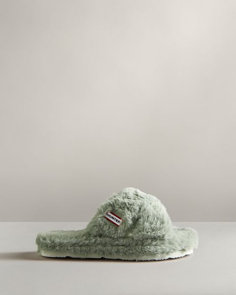 Green Hunter Faux Fur Flatform Crossover Women's Slides | NZ-86509