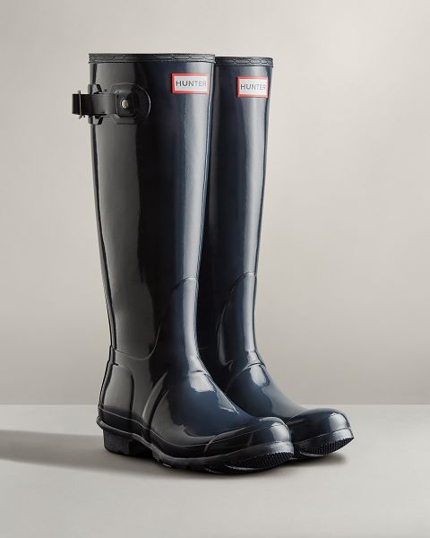 Navy Hunter Original Tall Gloss Women's Rain Boots | NZ-51270