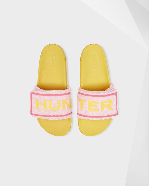 Pink / Yellow Hunter Terry Towelling Logo Adjustable Women\'s Slides | NZ-76308