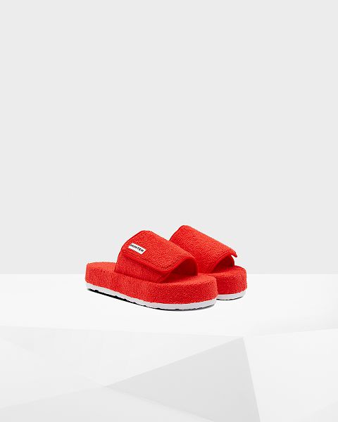 Red Hunter Terry Towelling Beach Platform Adjustable Women's Slides | NZ-15769