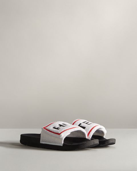 White / Black Hunter Terry Towelling Logo Adjustable Men's Slides | NZ-51843