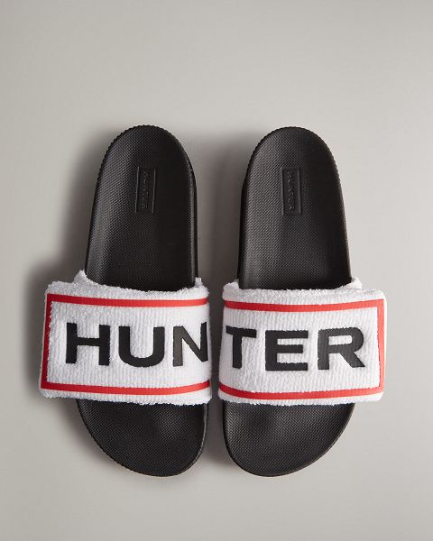 White / Black Hunter Terry Towelling Logo Adjustable Women\'s Slides | NZ-53841