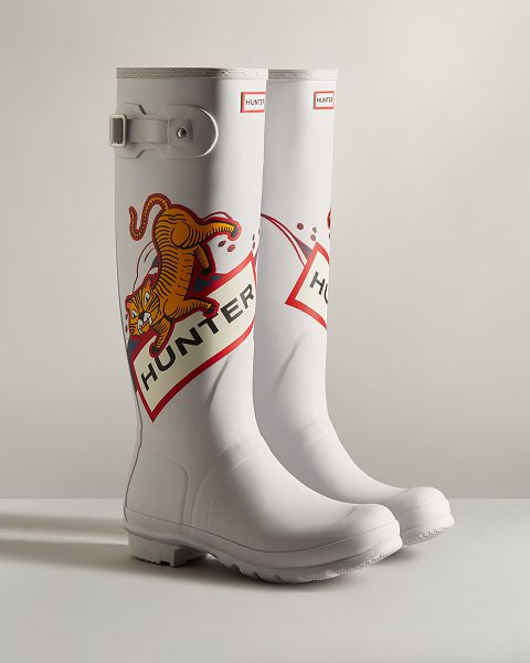 White / Brown Hunter Lunar New Year Large Tiger Logo Tall Women's Rain Boots | NZ-45918