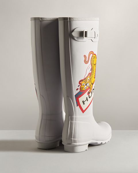 White / Brown Hunter Lunar New Year Large Tiger Logo Tall Women's Rain Boots | NZ-45918