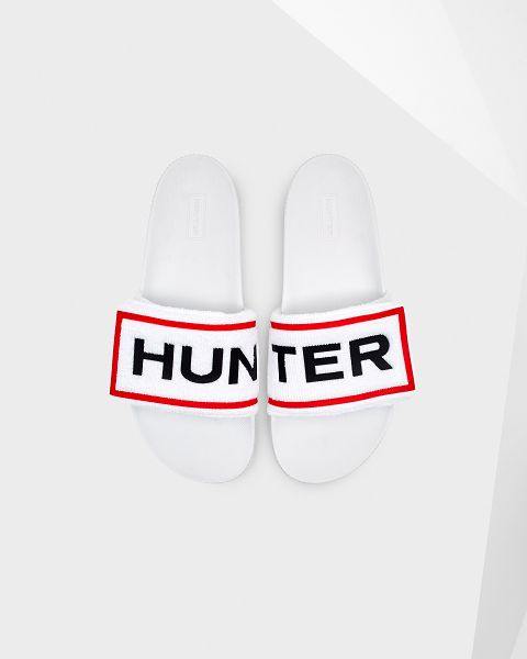 White Hunter Terry Towelling Logo Adjustable Women\'s Slides | NZ-23870