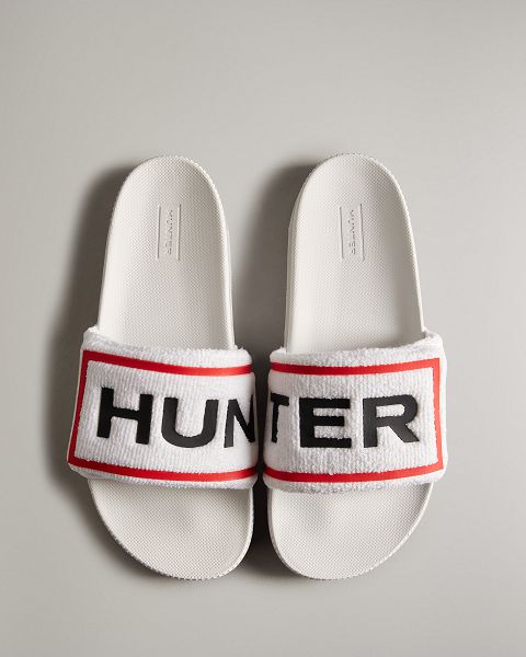 White Hunter Terry Towelling Logo Adjustable Men\'s Slides | NZ-49532